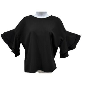 Francesca's Blue Rain Blouse Women's Size Small Black Wide Sleeves Back Button